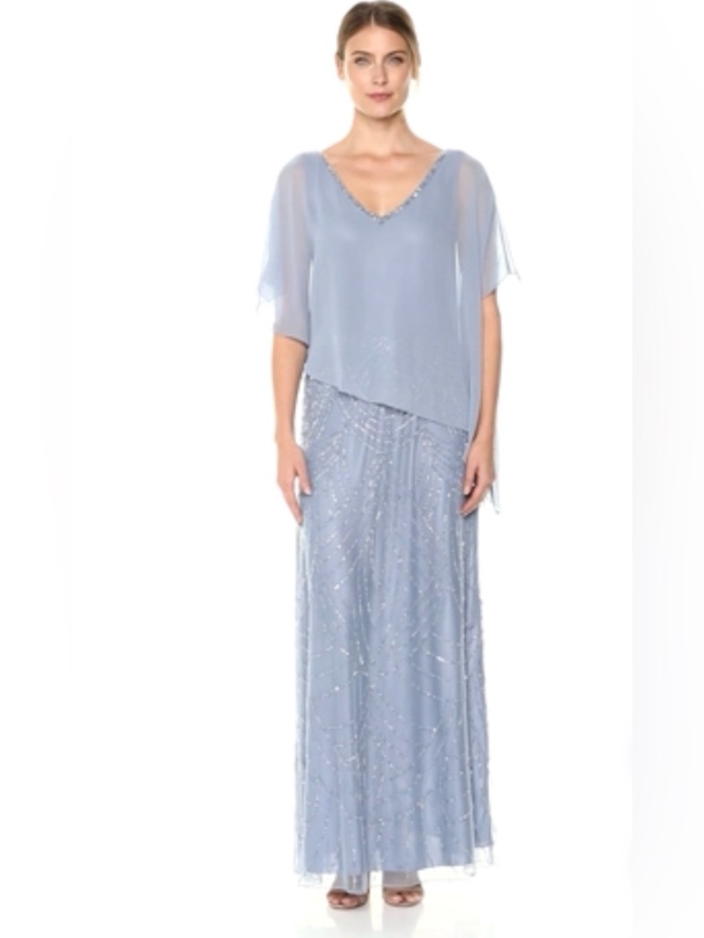 NWT- J Kara Blue Beaded Evening Gown with Capelet